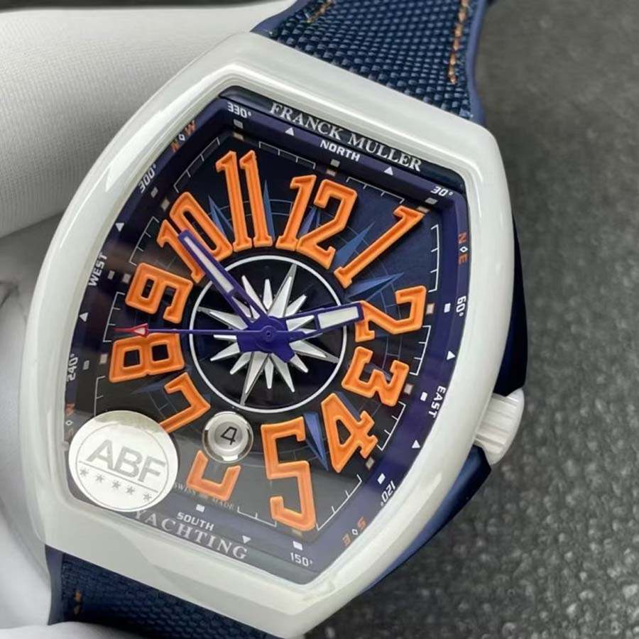 Replikaklocka: Franck Muller Vanguard V45, vit keramik, blå urtavla, orange, arabiska siffror, ABF 45 mm — särpräglad – Bild 3