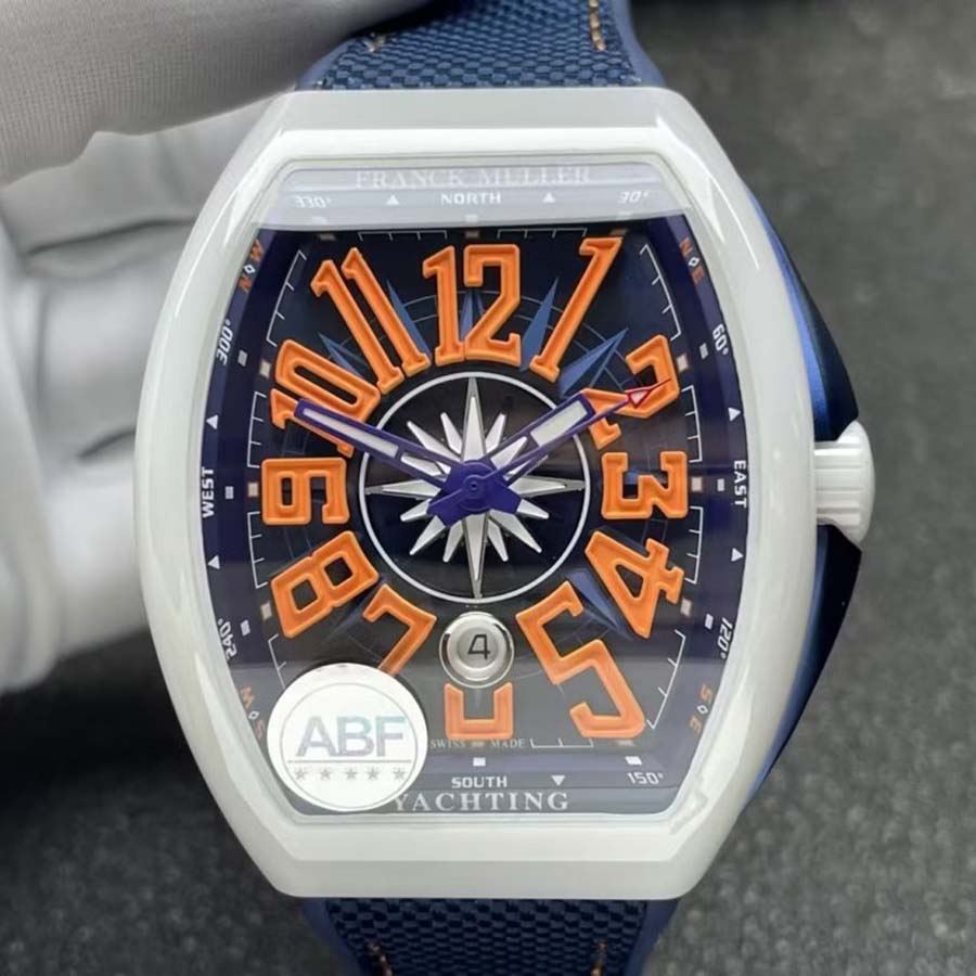 Replikaklocka: Franck Muller Vanguard V45, vit keramik, blå urtavla, orange, arabiska siffror, ABF 45 mm — särpräglad – Bild 4