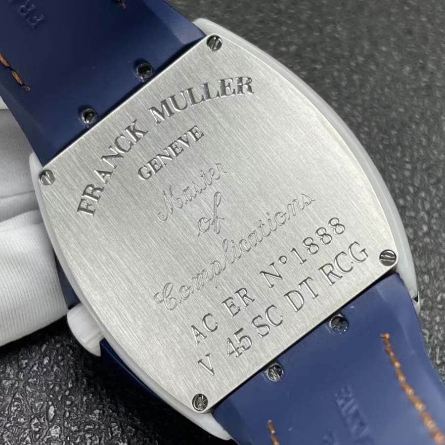 Replikaklocka: Franck Muller Vanguard V45, vit keramik, blå urtavla, orange, arabiska siffror, ABF 45 mm — särpräglad – Bild 7