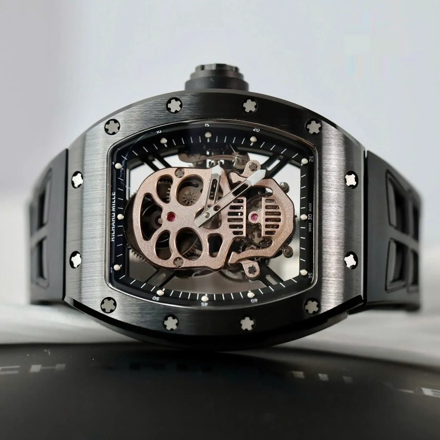 Replikaklocka: Richard Mille RM 52-01 Skull, tourbillon, svart keramik, gummiarmband, 43 mm — med hög precision – Bild 3