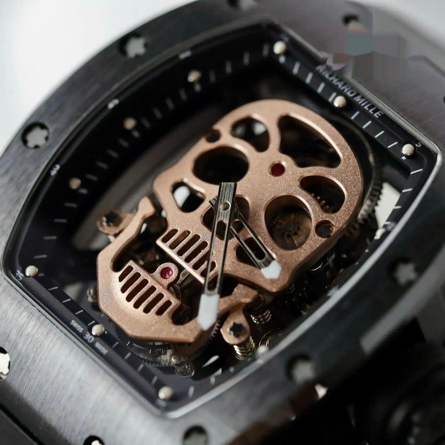 Replikaklocka: Richard Mille RM 52-01 Skull, tourbillon, svart keramik, gummiarmband, 43 mm — med hög precision – Bild 4