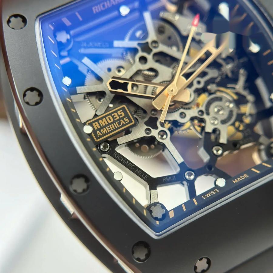 Replikaklocka: Richard Mille RM 035 Black Toro, keramik, &, roséguld, skeletturtavla, gummiarmband, ZF, tillverkare, 39,7 mm X 48 mm — av hög kvalitet – Bild 8